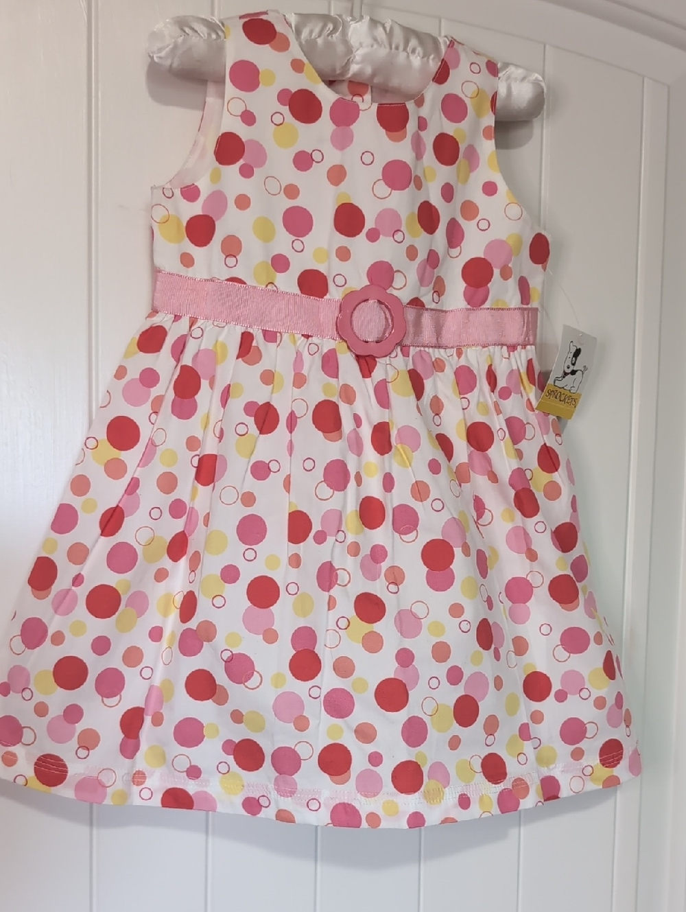 Sprockets 100% cotton fully Lined Pink Polka Dot Dress w/Flower Buckle NWT 24 M
